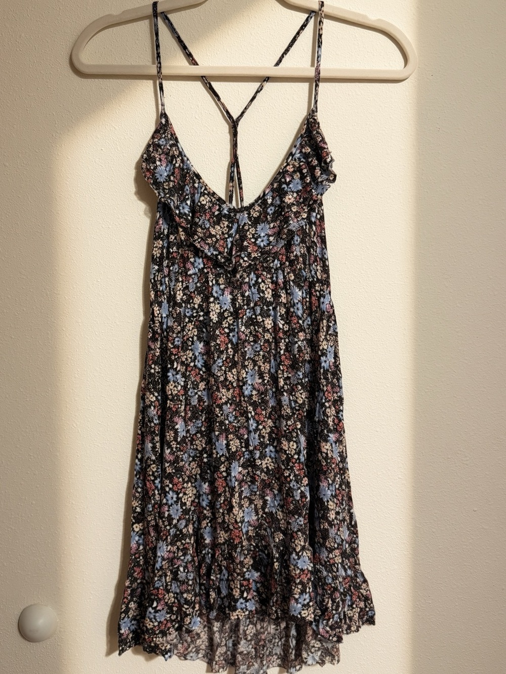 Daytrip Womens Vintage Floral Ruffle High Low Mini Dress Size L Black Boho